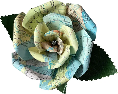 Flores de papel de mapa hechas a mano, rosa de papel hecha a partir de páginas del Atlas Mundial recicladas, regalos para amantes de los viajes para