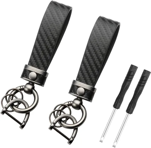 Miniatura 7 de Kewucn Llavero de coche de estilo fibra de carbono, llavero de cuero de microfibra, llavero con anillo en D antipérdida giratorio de 360 grados Negro