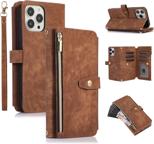 Miniatura 29 de UEEBAI Funda tipo cartera para iPhone 12 Mini de 5.4 pulgadas, retro 9 ranuras para tarjetero, bolsillo con cremallera, cierre magnético, función
