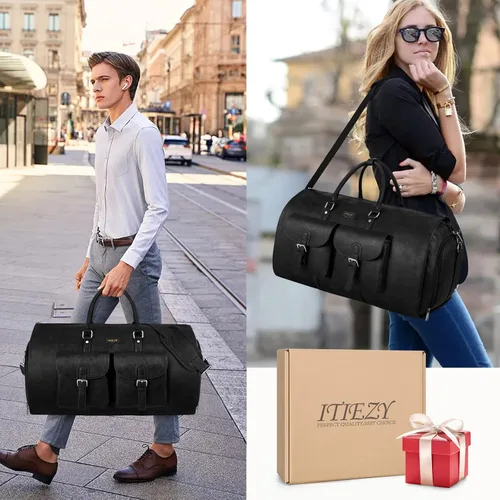 Miniatura 7 de Garment Bag for Travel, Convertible Carry on Garment Duffel Bag for Men Faux Leather Waterproof Large Weekender Bag for Women Men 2 in 1 Hanging