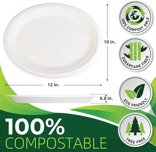 Miniatura 2 de 100 piezas de platos de papel ovalados blancos 100% compostables (12 pulgadas), platos desechables resistentes, platos de cena ecológicos, platos