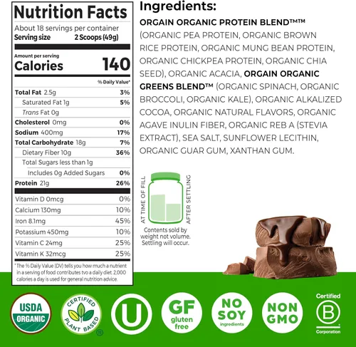 Miniatura 2 de Orgain - Proteína orgánica vegana en polvo + verduras, chocolate cremoso con sabor a budín de fresa - 21 g de proteína a base de plantas, sin