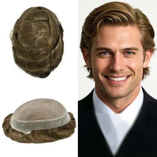 Miniatura 116 de Tupé para hombres, piezas de cabello humano real, sistema de unidades de cabello natural, línea capilar natural, pieza de repuesto para hombres