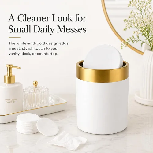 Miniatura 3 de Mini bote de basura con tapa, 1.5 litros/0.4 galones, pequeño cubo de basura de metal con tapa abatible para escritorio, cafetería, tocador, baño