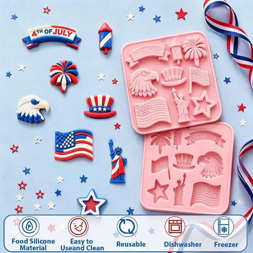 Miniatura 7 de Moldes de silicona para el 4 de julio, paquete de 2 moldes de chocolate para el Día de la Independencia, bandeja patriótica de silicona para dulces