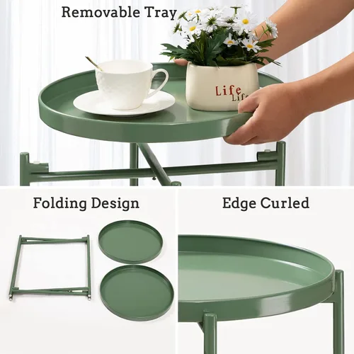 Miniatura 9 de TeoKJ Mesa auxiliar de 2 niveles verde, mesa auxiliar plegable redonda de metal, pequeña mesita de noche con dos bandejas extraíbles