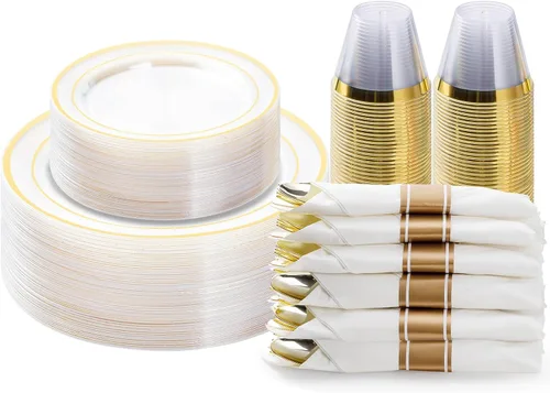 Miniatura 14 de BESTVIP - Juego de vajilla de plástico dorado transparente de 350 piezas para 50 invitados, plato desechable para fiestas de Navidad y Año Nuevo