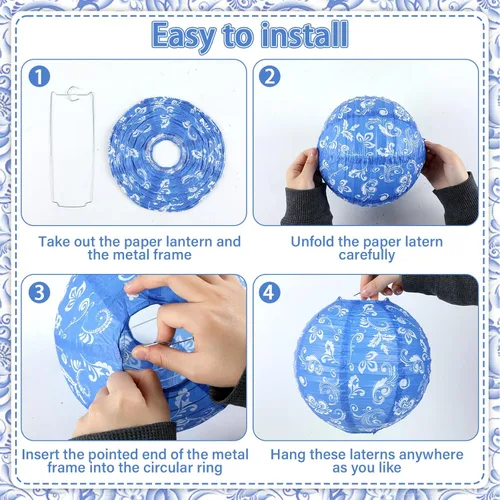 Miniatura 3 de Lonfliness 15 linternas de papel chinoiserie de 10 pulgadas y 8 pulgadas de porcelana azul y blanca colgantes, decoración de fiesta, farol redondo