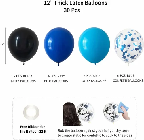 Miniatura 4 de ANSOMO Decoraciones de Fiesta de Cumpleaños Azul y Negro para Niños Hombres Pancarta Globos Azul Marino Azul Real Azul Claro Pompones Cortina