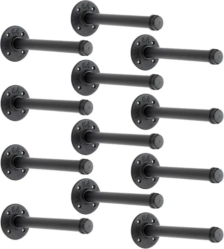 Miniatura 15 de Perchero flotante de tubo industrial negro de 6 pulgadas montado en la pared, estante de ropa resistente para colgar, barra de colgar multiuso