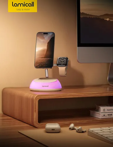 Miniatura 7 de Lamicall Estación de carga inalámbrica 4 en 1 con certificación Qi2 para Magsafe, [luz nocturna LED] Soporte de cargador magnético rápido de 15 W