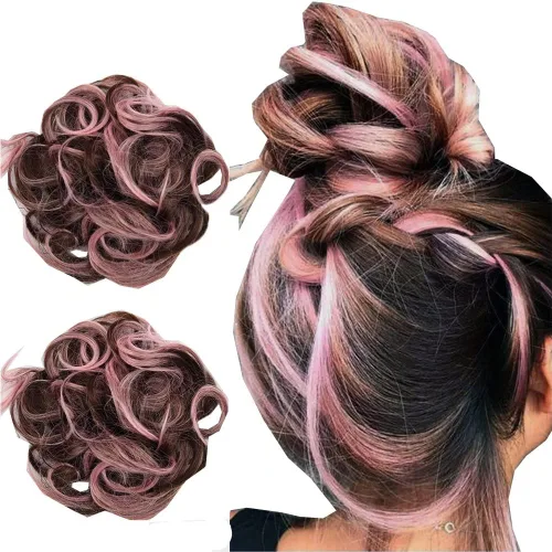 Extensiones de cabello rizado, color marrón y rosa claro, extensiones de moño desordenado, 2 unidades por paquete, extensiones de moño elástico