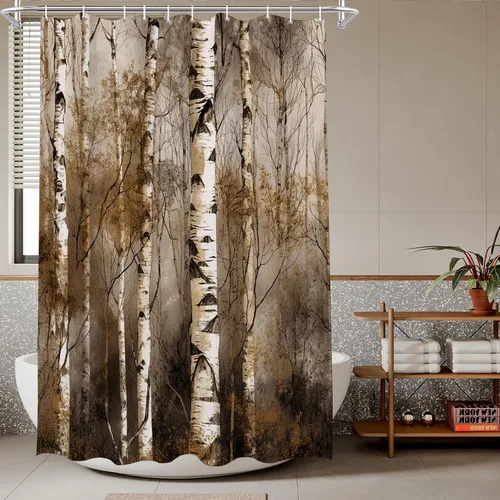 TheBlackSpot Juego de cortinas de ducha de bosque rústico de granja, diseño botánico abstracto, abedul, naturaleza, juego de cortinas de baño con