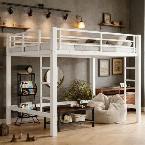 Miniatura 16 de Cama alta individual con escaleras, cama alta de metal individual con tapones antivibraciones y reducción de ruido, cama alta resistente