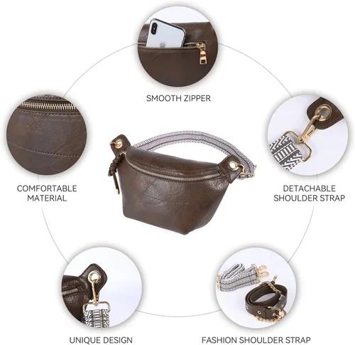Miniatura 4 de Riñoneras para mujer, bolsos cruzados de moda, bolsos de pecho, bolso de cinturón con 2 correas ajustables, Marrón oscuro, Classic