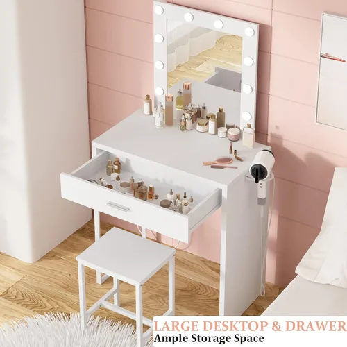 Miniatura 2 de Titoni Pequeño tocador de maquillaje con espejo y luces, escritorio blanco con silla, brillo ajustable, juego de mesa de maquillaje para dormitorio