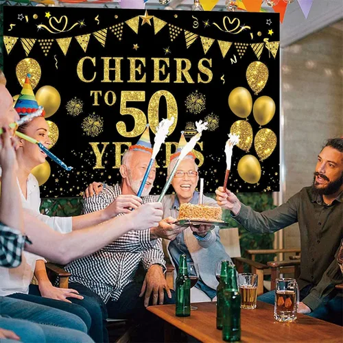 Miniatura 6 de Trgowaul Decoraciones de cumpleaños número 50/aniversario/boda para mujeres y hombres, pancarta de felicitación a los 50 años, fondo negro y dorado