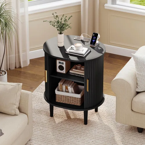 Miniatura 8 de DHH Mesita de noche moderna de mediados de siglo con estación de carga, mesa auxiliar acanalada con puerta corredera y estante ajustable, mesa Negro