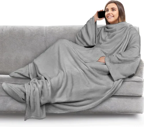 Miniatura 12 de PAVILIA Manta de forro polar con mangas, bolsillos para los pies para mujeres, hombres y adultos, manta de felpa para llevar, cálida manta