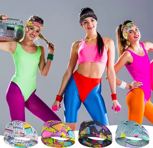 Miniatura 6 de 4 Pcs Retro Neon Head Wraps for Women, 80s 90s Style Bandana Headbands, Soft Yoga Sport Hairbands for Party, Hiking, Cycling, Running, Unisex
