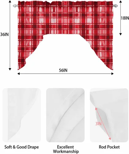 Miniatura 6 de Cortinas de cocina con cenefa roja a cuadros de acuarela, cenefa con bolsillo para barra, paneles de cortina para dormitorio, sala de estar, baño