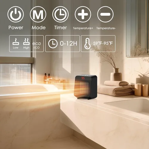 Miniatura 4 de Reaks PTC - Calentador de espacio de cerámica con enchufe de seguridad ALCI para baño e interior, calentador eléctrico de 1500 W con termostato Negro