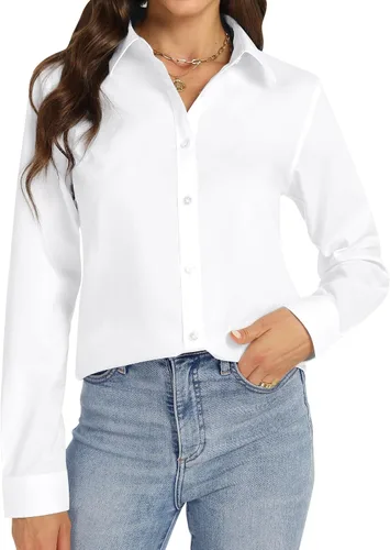 Camisas con botones J.VER para mujer con cuello elástico y manga larga de algodón, camisa de vestir casual de negocios para el trabajo