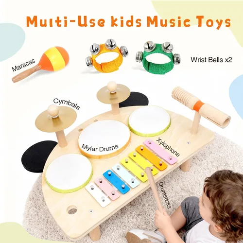 Miniatura 7 de Juego de batería para niños, instrumentos musicales Montessori para niños pequeños de 1 a 6 años, juguetes de madera, mesa de música Montessori, kit