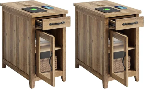 LINSY HOME Juego de 2 mesas auxiliares con estación de carga, mesa auxiliar moderna de estilo granja para sofá, mesa auxiliar de madera para Marrón