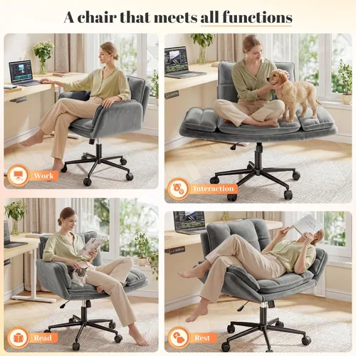 Miniatura 3 de Silla cruzada con ruedas, silla de oficina ergonómica con reposabrazos ajustables, silla de tocador con respaldo para dormitorio, sala de maquillaje