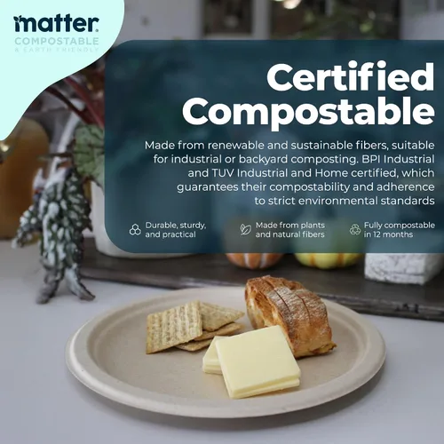 Miniatura 3 de Matter Platos de fibra compostables prémium de 6 pulgadas, paquete de 150, platos desechables biodegradables ecológicos resistentes para aperitivos