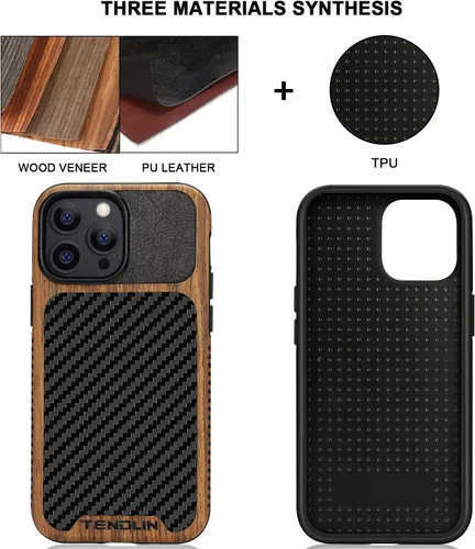 Miniatura 2 de TENDLIN Compatible con iPhone 13 Pro Max, funda de grano de madera con textura de fibra de carbono, funda híbrida de cuero compatible con iPhone 13