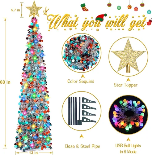 Miniatura 7 de RACPNEL Árbol de Navidad de oropel desplegable de 5 pies con luces LED, lentejuelas, adorno de árbol, árbol de Navidad plegable artificial