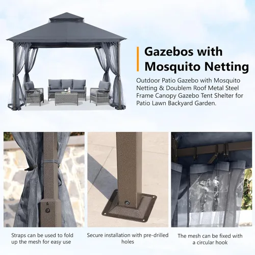 Miniatura 6 de ABCCANOPY Gazebo para patio al aire libre, 11 x 11 pies, toldo de doble techo con mosquitera para patio trasero, terraza, jardín, césped, gris oscuro