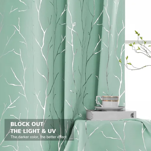Miniatura 3 de BUHUA Cortinas pequeñas para ventana de 36 pulgadas de largo, 2 paneles, cortinas opacas con elegantes ramas de árbol plateadas, cortinas de bloqueo