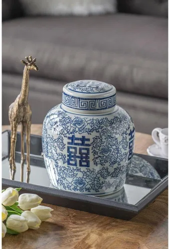Miniatura 3 de Jarrón con tapa de porcelana 100 % azul y blanco oriental de 8 x 9.5 pulgadas con patrón floral para almacenamiento en el hogar y organización