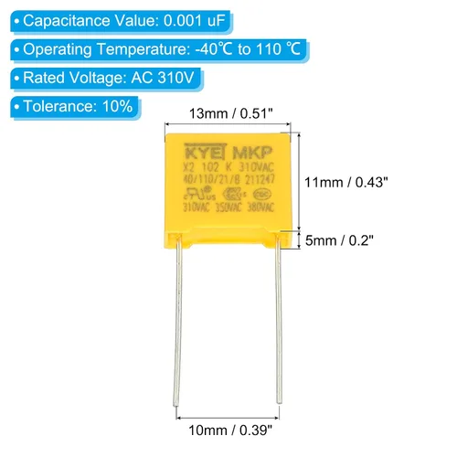 Miniatura 2 de PATIKIL Condensadores de seguridad, paquete de 10 unidades 0.001uF AC 310V 0.394 in Pin Pitch 0.512x0.433x0.197 in polipropileno Film Capacitor