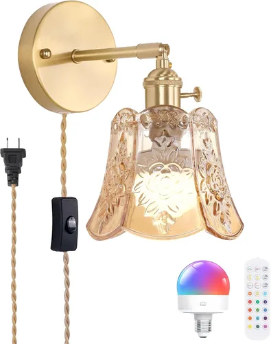 Miniatura 26 de Shenmoyl Juego de 2 apliques de pared vintage con pantalla de vidrio a rayas ámbar, apliques de latón ajustables de 180 grados, con cable de Raya