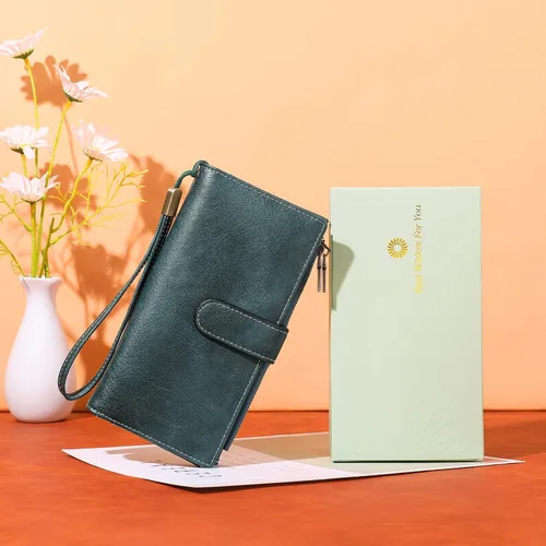 Miniatura 5 de GOIACII Cartera de mujer con bloqueo RFID triple pliegue cartera de mano larga para mujer cartera de cuero vegano con bolsillo para monedas A02-azul
