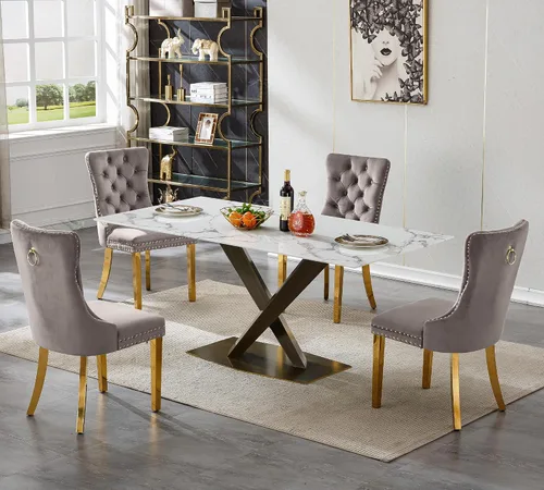 Juego de mesa de comedor de mármol blanco de lujo para 4, 70 pulgadas, mesa de comedor de mármol blanco con 4 sillas de terciopelo gris y base de
