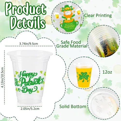 Miniatura 3 de Vasos desechables para el día de San Patricio, 50 vasos de plástico transparente desechables de trébol verde de 12 onzas con múltiples estilos