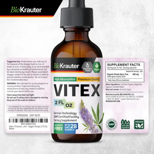 Miniatura 9 de BIO KRAUTER Vitex Chasteberry Suplemento para mujeres y apoyo para la menopausia* – 2 onzas líquidas 28 días de suministro – Tintura de bayas Vitex