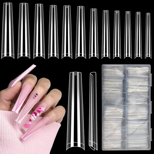 Miniatura 13 de 480 puntas de uñas transparentes XL largas, 240 puntas de uñas de ataúd con 240 puntas de uñas cuadradas sin curva C para uñas acrílicas