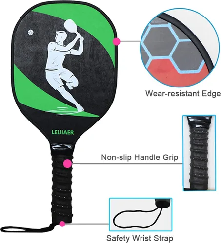 Miniatura 5 de Juego de 2 palas de pickleball con 2 raquetas de fibra de vidrio, 2 bolas de pickleball con bolsa de transporte para interiores y exteriores
