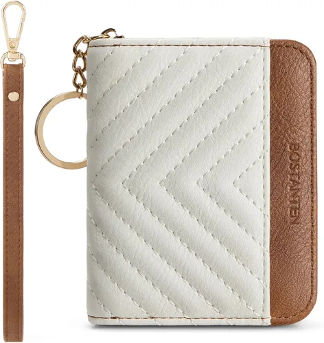 BOSTANTEN Cartera de piel con bloqueo RFID para tarjetas de crédito, cartera pequeña para mujer, con cremallera, llavero y cartera con correa para