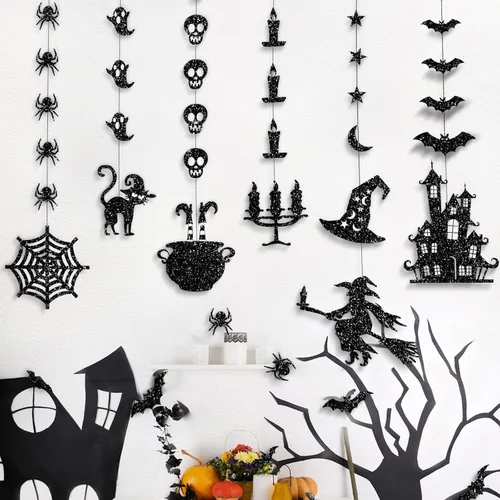 Miniatura 5 de Guirnalda colgante de Halloween negra con purpurina, fantasmas, brujas, murciélagos, arañas, casa encantada, gato y más, suministros de fiesta