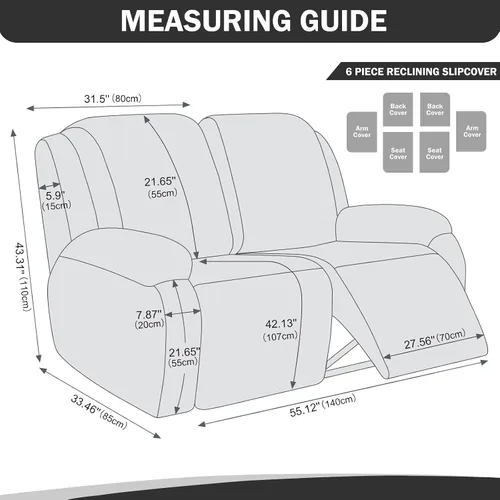 Miniatura 5 de Vctops - Funda elástica de 6 piezas para sofá biplaza reclinable, de cuero sintético impermeable, protector de muebles antideslizante con borde Negro