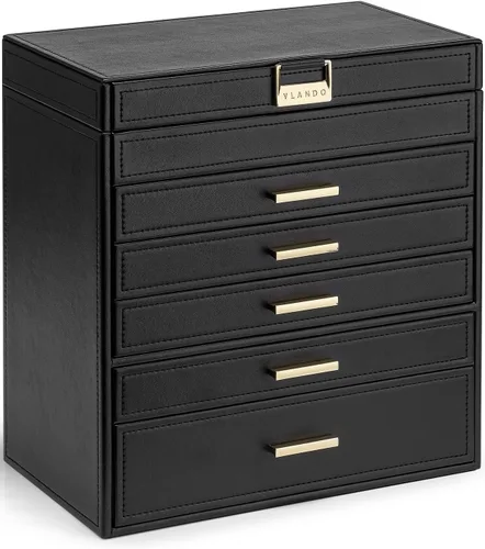 Vlando Joyero grande de 6 capas Organizador de joyas, organizador de joyero para cajón, collar, anillo, pulsera y reloj, regalo de cumpleaños para