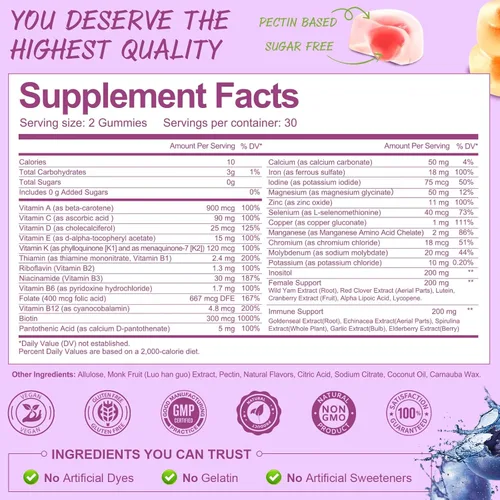 Miniatura 3 de Totaria Gomitas multivitamínicas sin azúcar para mujeres mayores de 14 años con hierro, inositol, folato, biotina, gomitas multivitamínicas diarias