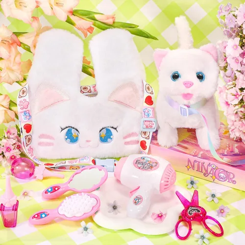 Miniatura 7 de NINAOR Juguetes interactivos para gatos para niños con bolsas bandolera, peluche de gato con correa para caminar y maullar, juguete de robot gatito